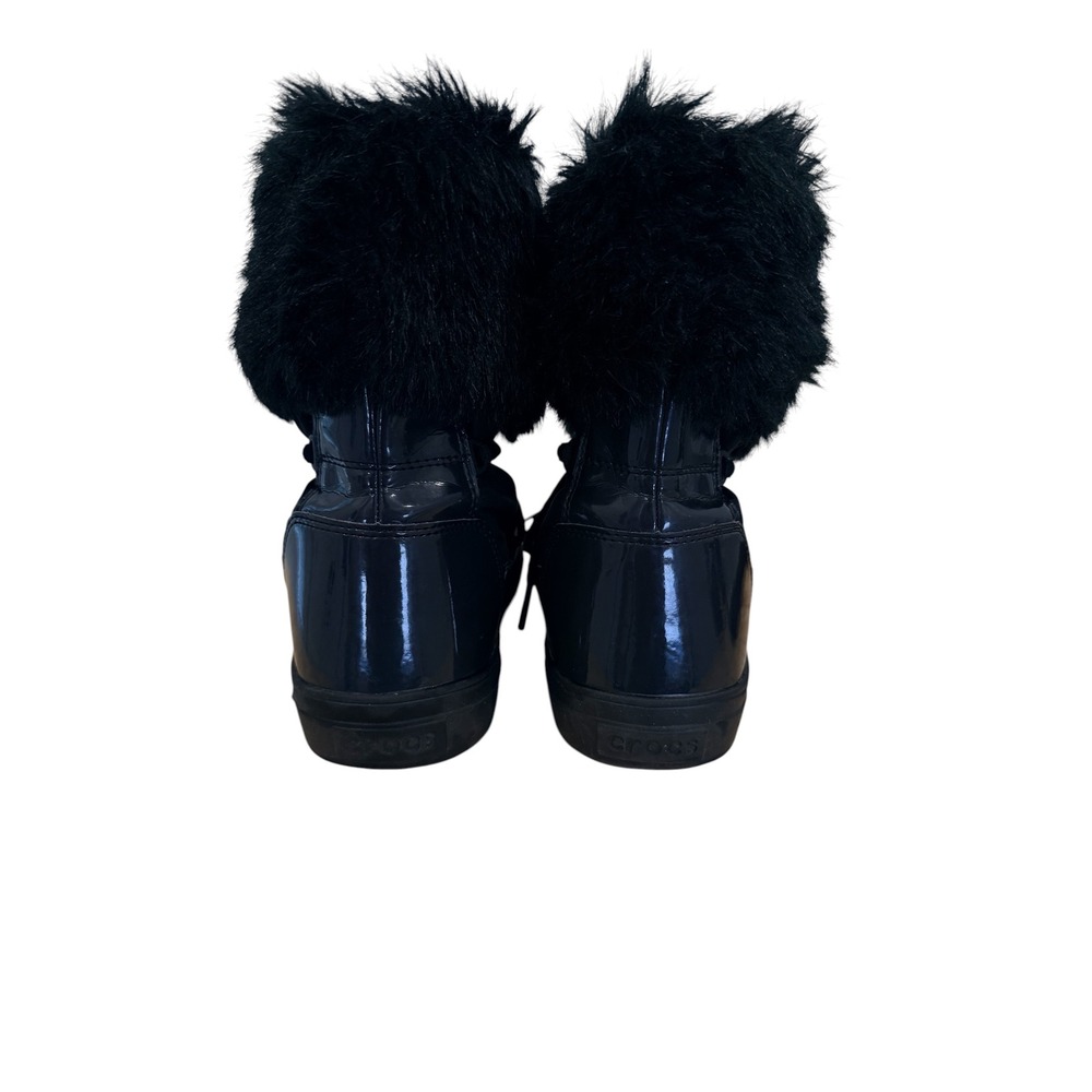Crocs AllCast Luxe Black Faux Fur Trim Snow Boots Women 8 Duck Boots Lace Up - Picture 7 of 10